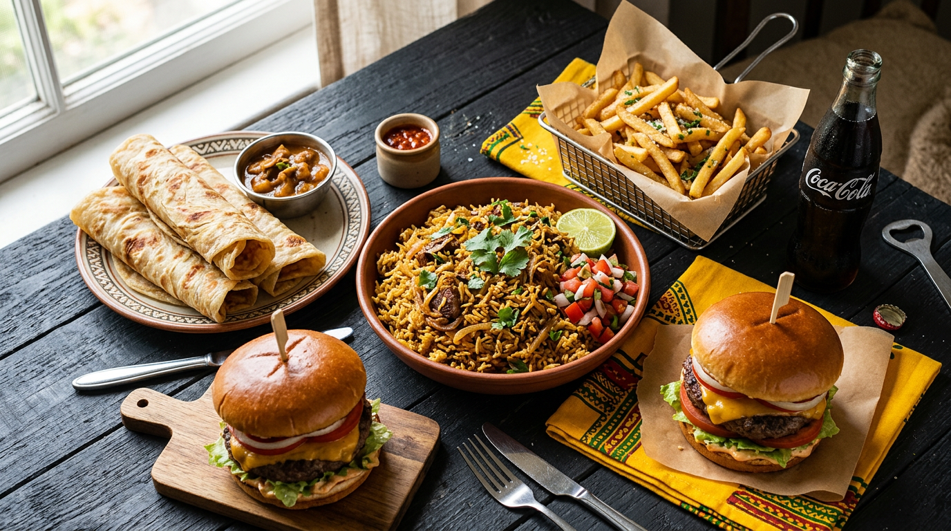 Pilau, chapati, fries, burgers and juice ready for delivery